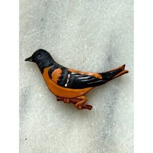 Vintage Leather Bird Brooch Pin Handmade Painted